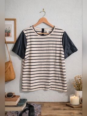 J.Crew | Women's Large | Beige & Black w/Faux Leather Sleeves | NWOT